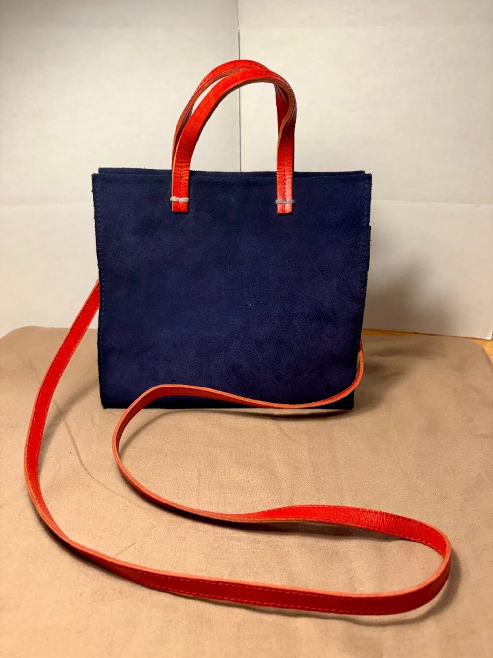 Clare V. Petit Simple Tote Navy Suede Red Leather Crossbody Bag